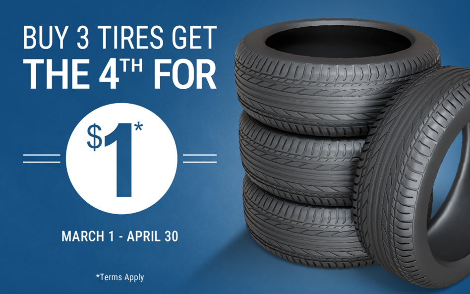 BUY 3 TIRES GET 1 FOR $1